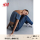 H&M女裝T恤秋季休閑修身顯瘦時尚柔軟棉質(zhì)露肩短款短袖上衣1214113 藍色 165/96 M