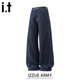 izzueit香港潮牌復古彎刀牛仔褲男秋冬季寬松直筒美式潮流痞帥闊腿長(cháng)褲 深藍色 常規 【官方正品】 31 【適合130-140斤】