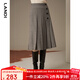 藍地（LANDI）灰咖色重磅羊毛壓褶設計感復古格紋中長(cháng)半身裙女冬新品 灰咖色 L