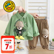 G.duck小黃鴨童裝男童套裝春秋2024新款兒童衣服男孩帥氣小熊襯衣兩件套 綠色 100 建議2~3歲【 90-100cm】cm