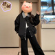 舒翎美式拼接翻領(lǐng)黑色春秋外套女新款2025男女穿搭寬松夾克棒球服外套 黑色 L 106-125斤