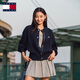 TOMMY JEANS【粗絞花】秋冬女裝復古學院風慵懶風寬松圓領針織開衫外套 深海藍C1G S （推薦：100-115斤）