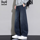 貓人（MiiOW）2025新款彎刀牛仔褲男秋冬季寬松直筒褲子男加絨高街潮牌水洗男褲 黑藍 2XL