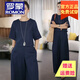 羅蒙品牌氣質(zhì)時(shí)尚套裝女2025夏季新款設(shè)計(jì)感小眾亞麻闊腿褲子兩件套 藏藍(lán)色 2XL 【建議125-140斤】