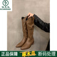 啄木鳥(niǎo)堆堆中筒長(cháng)靴女鞋粗跟復古棕色V口2026冬季尖頭西部牛仔長(cháng)筒靴子 KX999-3棕色單里皮面 37