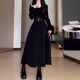 vnxifm秋冬新款赫本風(fēng)加絨加厚長(cháng)袖連衣裙大碼女裝胖mm法式收腰黑色長(cháng)裙 黑色_長(cháng)裙 2XL _建議140-160斤