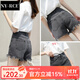 NY-RCE煙灰色牛仔短褲女夏季新款韓版寬松不規(guī)則毛邊顯瘦休閑闊腿熱褲 煙灰色 S