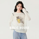 百家好（Basic House）Basic House/百家好貓咪印花肩部個(gè)性設計秋季新款長(cháng)袖寬松針織衫 白色 L