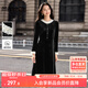 尚都比拉撞色花邊絲絨連衣裙女冬季優(yōu)雅圓領(lǐng)長(cháng)袖A字裙藏肉顯瘦氣質(zhì)中長(cháng)裙