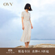 OVV2023春夏新款女裝復古優(yōu)雅翻領(lǐng)短袖休閑彈力針織連衣裙 米杏條紋14 L