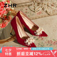 ZHR高跟鞋女絨面秀禾婚鞋女氣質(zhì)新娘鞋子女細(xì)跟單鞋女 BQ125 紅色37