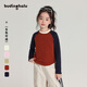 布丁哈魯女童撞色拼接寬松長(cháng)袖T恤春季新品中大童柔軟透氣簡(jiǎn)約百搭插肩T恤