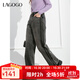 LAGOGO側身條紋牛仔褲女拉谷谷春秋新款高腰水洗復古黑色闊腿褲 牛仔黑(W0) L