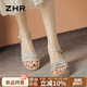 ZHR涼鞋女夏季坡跟松糕厚底女鞋氣質(zhì)水鉆一字帶輕便鞋子女M596米色34
