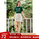 百圖betu女裝夏季新款T恤圓領(lǐng)印花釘珠純棉短袖上衣女2406T13 深綠 S