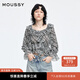 moussy 2025新品甜美荷葉邊露肩格子長(zhǎng)袖襯衫女028IAA30-1006 025 花紋黑色 M