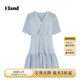 ELAND衣戀連衣裙女泡泡袖收腰荷葉邊裙子夏季新款 藍色(50)Blue L 170