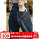 百圖betu女裝冬季新款牛仔褲加絨牛仔直筒褲顯瘦褲子女2411X03 牛仔色 M