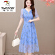啄木鳥(niǎo)冰絲連衣裙女2025夏季新款網(wǎng)紗碎花中長(cháng)款中年媽m媽裝收腰遮肚子 淺藍色 【好質(zhì)量】 4XL 建議130-140斤