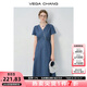 VEGA CHANG牛仔連衣裙女2025新款夏季小個子V領蕾絲花邊收腰短裙 海灣藍(長款) L