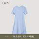 OVV2023春夏新款女裝彈力修身A型傘裝不對(duì)稱(chēng)短袖U領(lǐng)針織裙 藍(lán)灰鑲拼09 S