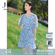玖姿·安娜蔻V領(lǐng)雪紡連衣裙女裝夏款泡泡袖褶皺感淺藍色裙 花淺藍 M