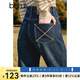 百圖betu女裝冬季新款牛仔褲加絨牛仔直筒褲顯瘦褲子女2411X03 牛仔色 M