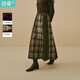茵曼燈芯絨拼接格紋半身裙2025冬女裝新款A字毛呢裙子 深咖色 S