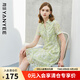 顏域襯衫領(lǐng)短袖蕾絲連衣裙女夏新款收腰顯瘦洋氣中長款裙子 綠花 M/38