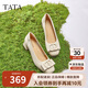 他她TATA白色休閑鞋女鞋通勤單鞋女鞋真皮粗跟高跟鞋X8MA6AQ5米白 36