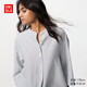 優(yōu)衣庫女裝麻混紡立領(lǐng)條紋襯衫7分袖襯衣上衣空調衫薄外套475654 07 青灰色 XL /165/92A