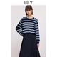 LILY2025冬新款女裝含羊毛復古條紋加厚針織衫圓領(lǐng)套頭毛衣 401藍色 L