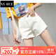 NY-RCE煙灰色牛仔短褲女夏季新款韓版寬松不規則毛邊顯瘦休閑闊腿熱褲 白色 XL
