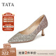 他她（TATA）優(yōu)雅氣質(zhì)高跟鞋女低跟晚宴鞋婚鞋單鞋2024秋新款7QT07AQ4 金色 35