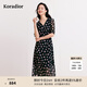 珂萊蒂爾早秋新款時尚優(yōu)雅碎花V領七分袖A字連衣裙中長款女 灰群青 XL