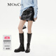 MO&Co.搖滾風(fēng)前拉鏈高腰針織布底素皮PU皮A字短裙半身裙皮裙摩安珂 黑色-第2批 M 165