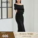 SNIDEL2025春夏新品氣質淑女一字領露肩紐扣針織連衣裙SWNO251037 黑色 均碼 F