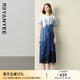 顏域不規(guī)則印花連衣裙女2025夏季新款高腰顯瘦過膝雪紡收腰長裙子 藍(lán)花 S