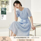 香影藍(lán)色天絲連衣裙女2025夏季新款萊賽爾收腰系帶圓領(lǐng)泡泡袖裙子 藍(lán)色 S 155/80A/85-95斤