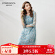 科蒙博卡2025春夏桑蠶絲新款金銀絲連衣裙女七分袖高腰印花裙子 藍色 XL