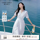 秋水伊人X型V領(lǐng)印花一片式綁帶連衣裙2025年夏季新款女休閑中長(cháng)裙 本白 L