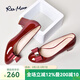 reemoor紅色粗跟新娘婚鞋女大碼女鞋中跟漆皮單鞋百搭高跟鞋睿慕 酒紅色瘦腳建議拍小一碼4.5cm跟 37