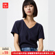 優(yōu)衣庫女裝竹節(jié)紗V領(lǐng)T恤/短袖棉白T上衣打底內(nèi)搭483576 69 藏青色 XL /165/92A