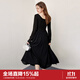 樂(lè )町甜美U領(lǐng)長(cháng)袖連衣裙秋季新款芭蕾風(fēng)拼接小黑裙腰側綁帶長(cháng)裙 黑色（現貨） M