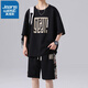 真維斯（Jeanswest）新中式國潮印花短袖套裝男士夏季新款休閑運動(dòng)冰絲薄款短褲半袖男 黑色【短袖套裝】 XL 【建議120-140斤】