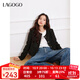 LAGOGO【萬(wàn)金系列】小香風(fēng)短款外套女拉谷谷春秋新款黑色亮絲上衣 混色(Y0) M