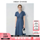 VEGA CHANG牛仔連衣裙女2025新款夏季小個(gè)子V領(lǐng)蕾絲花邊收腰短裙 海灣藍(lán)(長(zhǎng)款) L