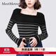 MeetMetro瑪依爾修身顯瘦針織衫女2025秋新款撞色打底條紋毛衣 黑色【現貨閃電發(fā)】 M