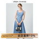 VEGA CHANG無袖連衣裙女2025年新款夏季法式方領顯瘦藍色吊帶裙子 藍白格子 M