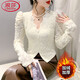 浪莎（LangSha）大碼加絨加厚蕾絲打底衫女裝胖mm秋冬V領(lǐng)洋氣內搭網(wǎng)紗長(cháng)袖t恤上衣 杏色【加絨加厚】 L 建議100-120斤